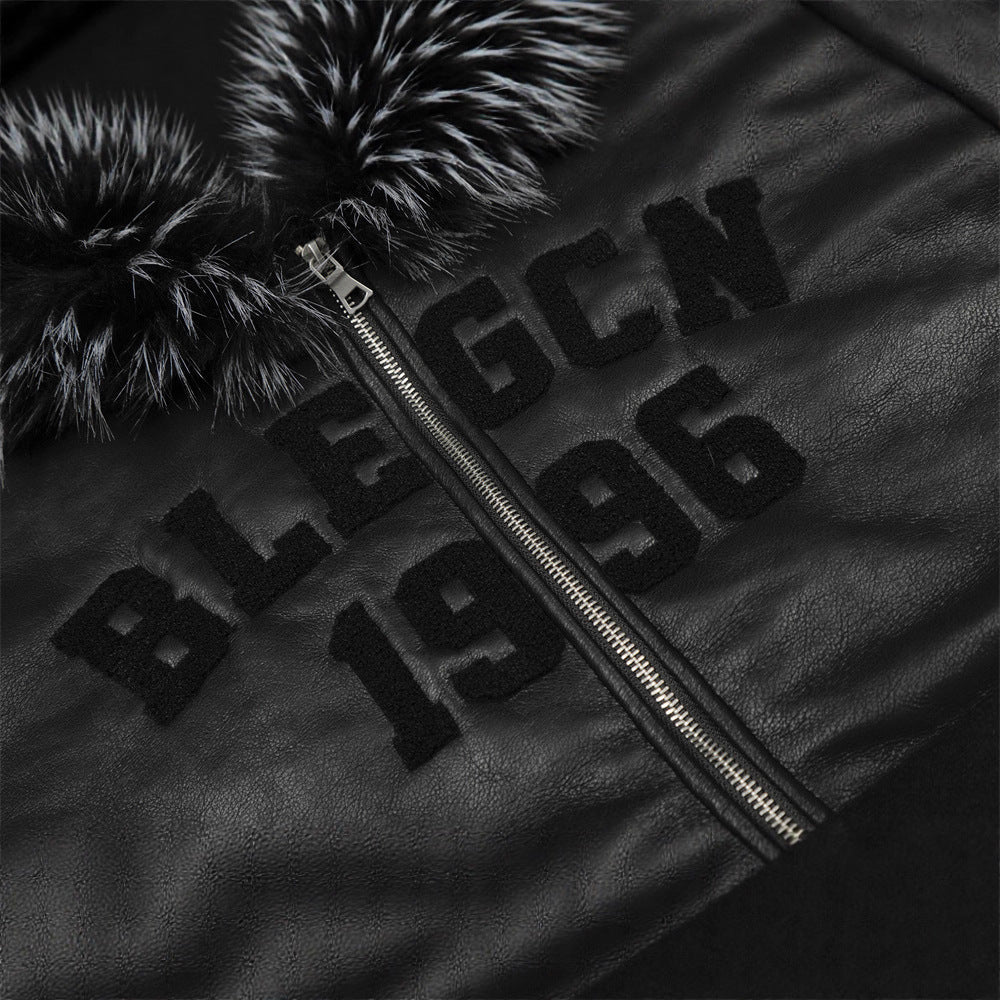 Men's cotton street style coat with hood, fur collar, letter embroidery, casual loose fit outerwear by American Smart - EP