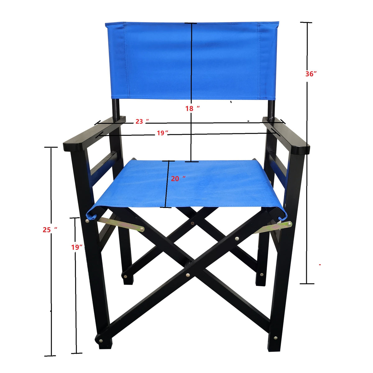 Set of two blue wooden director folding chairs with canvas seats, featuring a natural poplar frame and comfortable design.