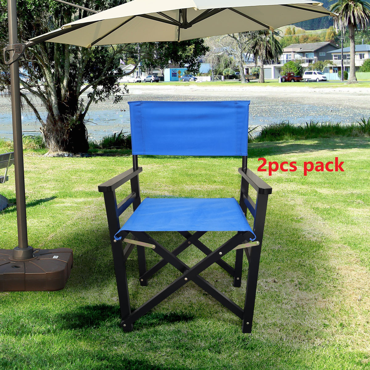 Set of two blue wooden director folding chairs with canvas seats, American Smart - EP brand, ideal for outdoor or indoor seating.