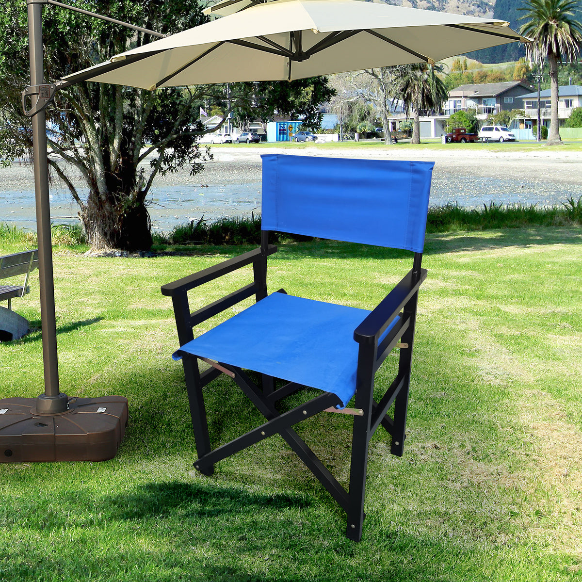 Blue wooden director folding chair with canvas seat, set of 2, made of populus wood by American Smart - EP.