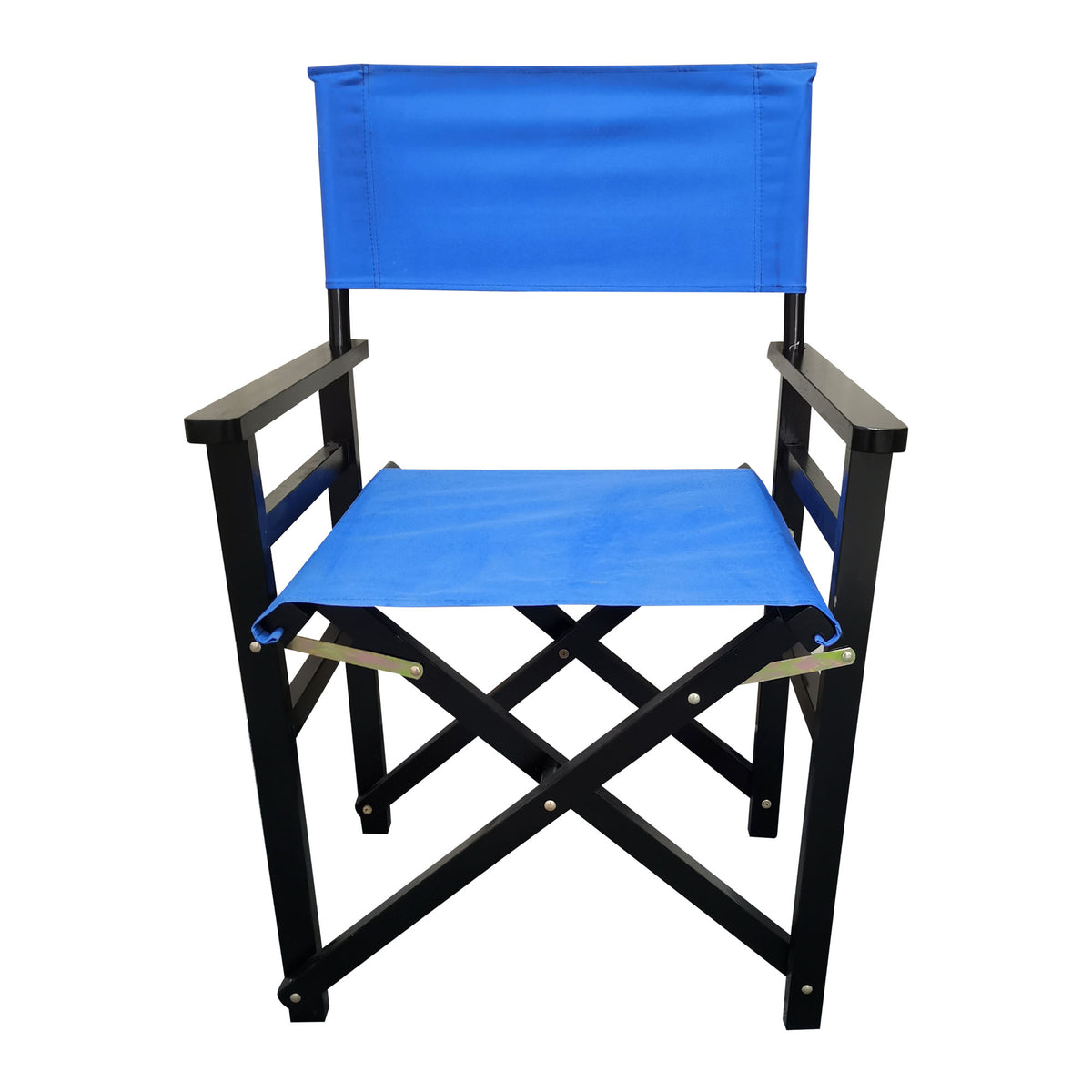 Pair of blue folding wooden director chairs with canvas seats by American Smart - EP, featuring a portable and stylish design.