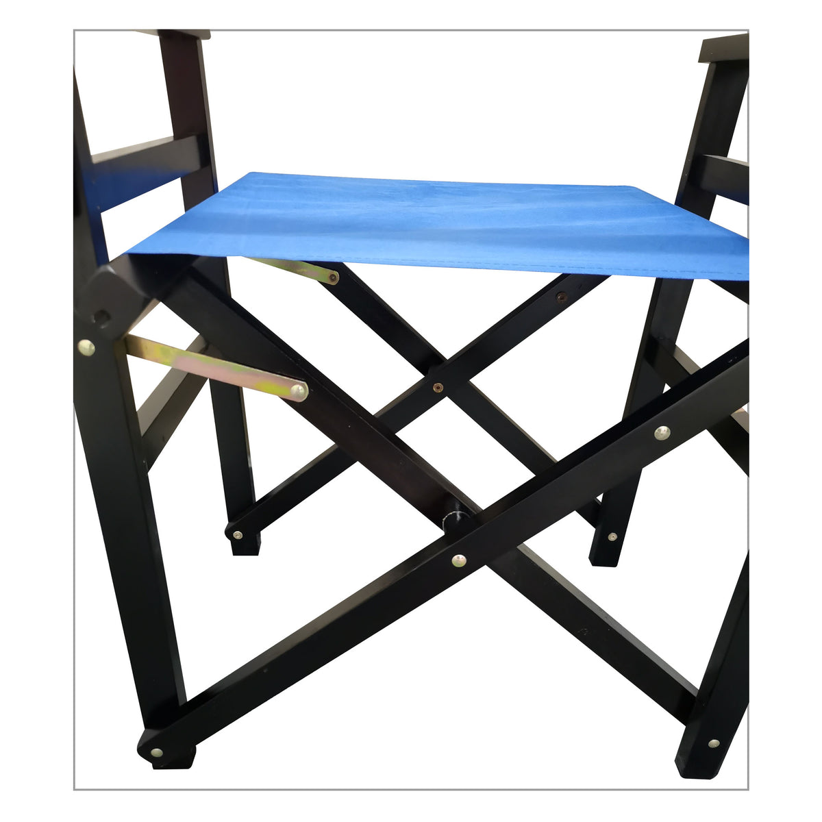 Pair of American Smart wooden folding director chairs with blue canvas seats, featuring a sturdy poplar frame and comfortable design.