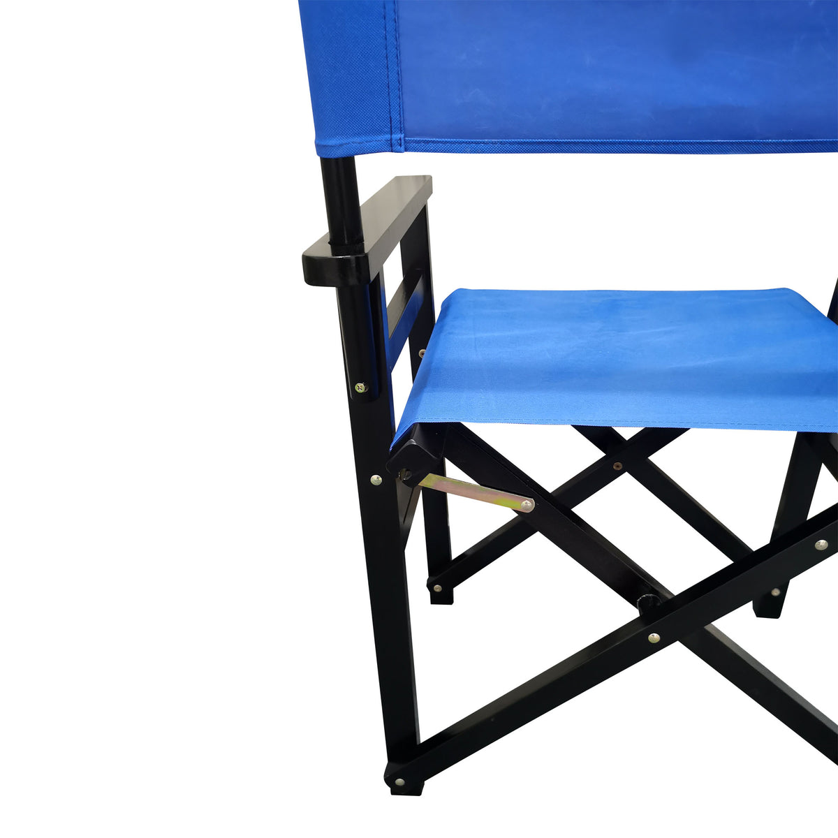 Two blue wooden folding director chairs with canvas seats, featuring a sturdy frame and portable design, by American Smart - EP.