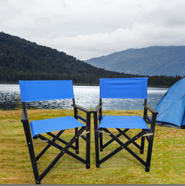 Two blue wooden folding director chairs with canvas seats, featuring a sturdy frame and portable design by American Smart - EP.