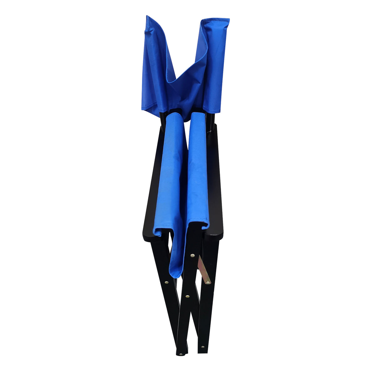 Two blue wooden director folding chairs with canvas seats from American Smart, ideal for portable seating and stylish outdoor use.