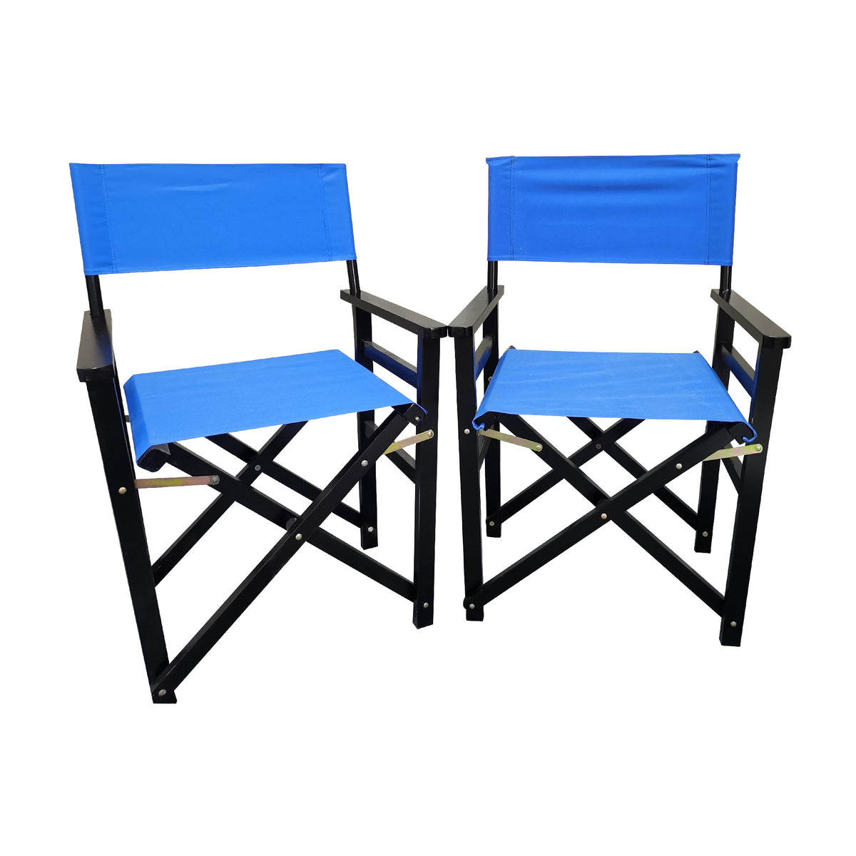 Set of two American Smart wooden director folding chairs with blue canvas seats and backs, featuring a sturdy, portable design.