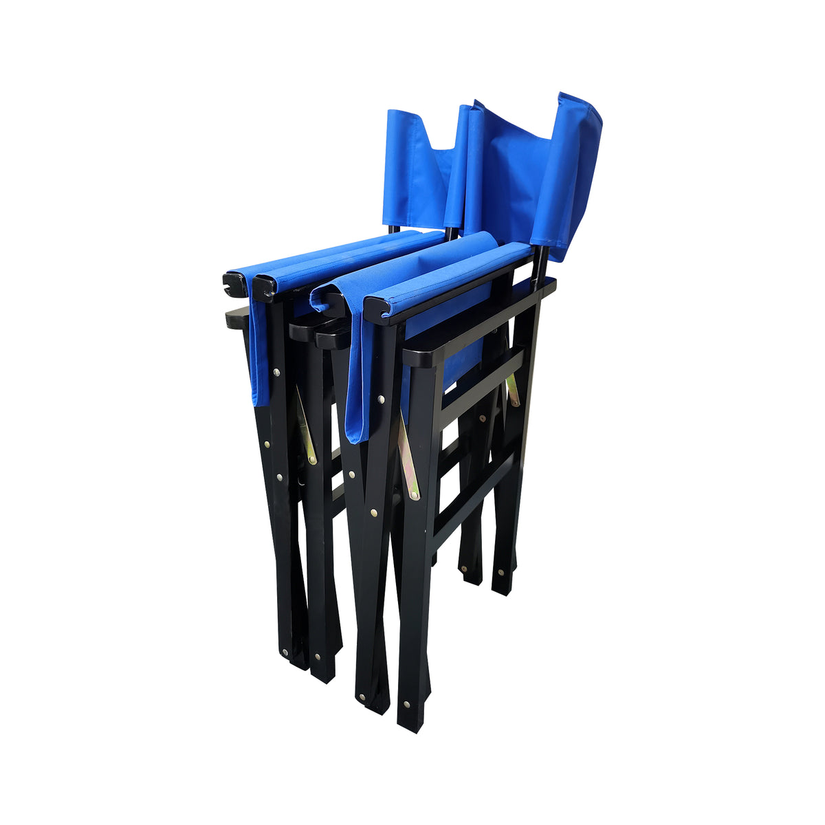 Two blue wooden director folding chairs with canvas seats and backs, featuring a portable, collapsible design by American Smart.