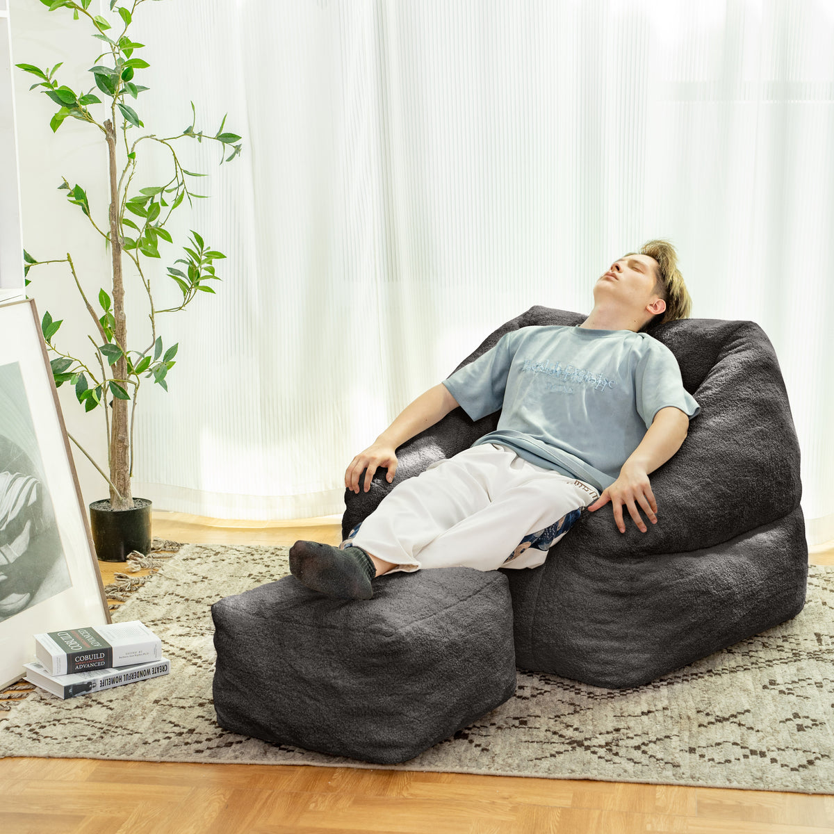 Black American Smart EP beanbag chair with tufted soft filler and memory foam for comfortable lounging.