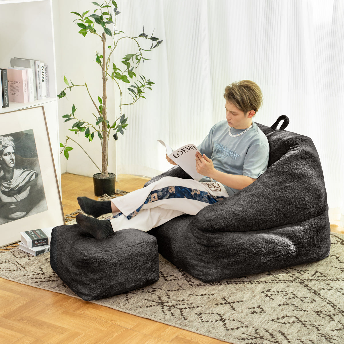 Black American Smart EP beanbag chair with tufted soft filler and memory foam for comfortable lounging.