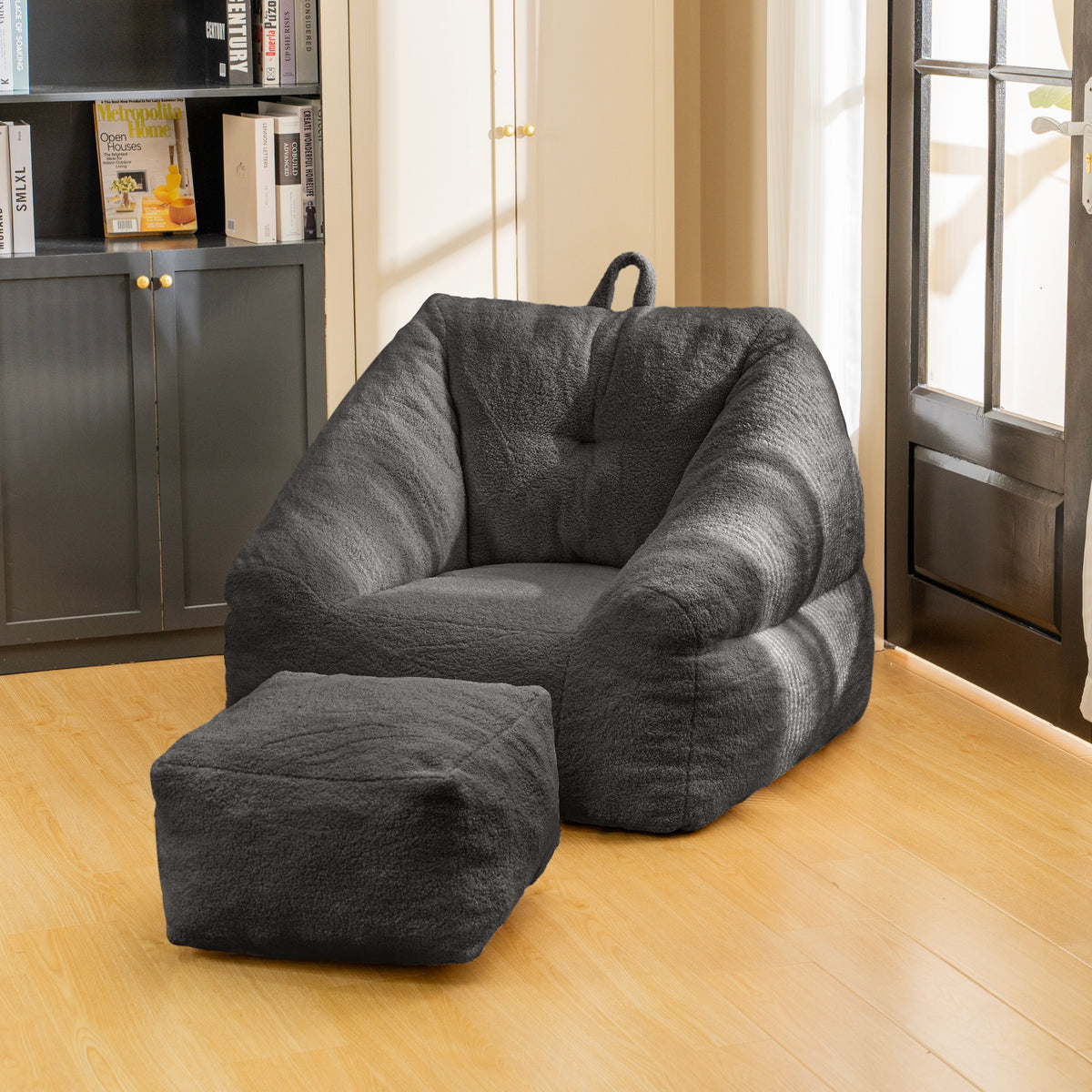 Black American Smart EP beanbag chair with tufted soft filler and memory foam for comfortable seating.