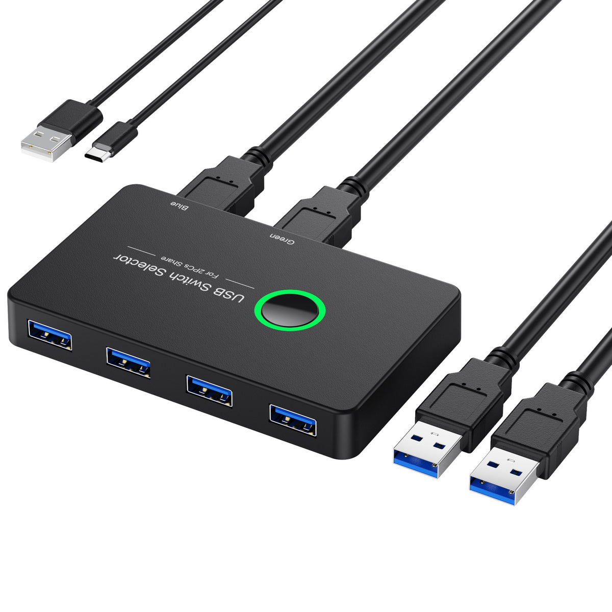 American Smart USB 3.0 KVM switch sharing 4 USB devices between 2 computers, with printer connectivity.
