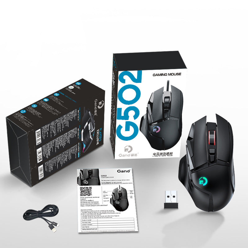 American Smart G502 wireless mouse with 2.4G dual-mode, RGB lighting, macro keys, designed for office and gaming use.
