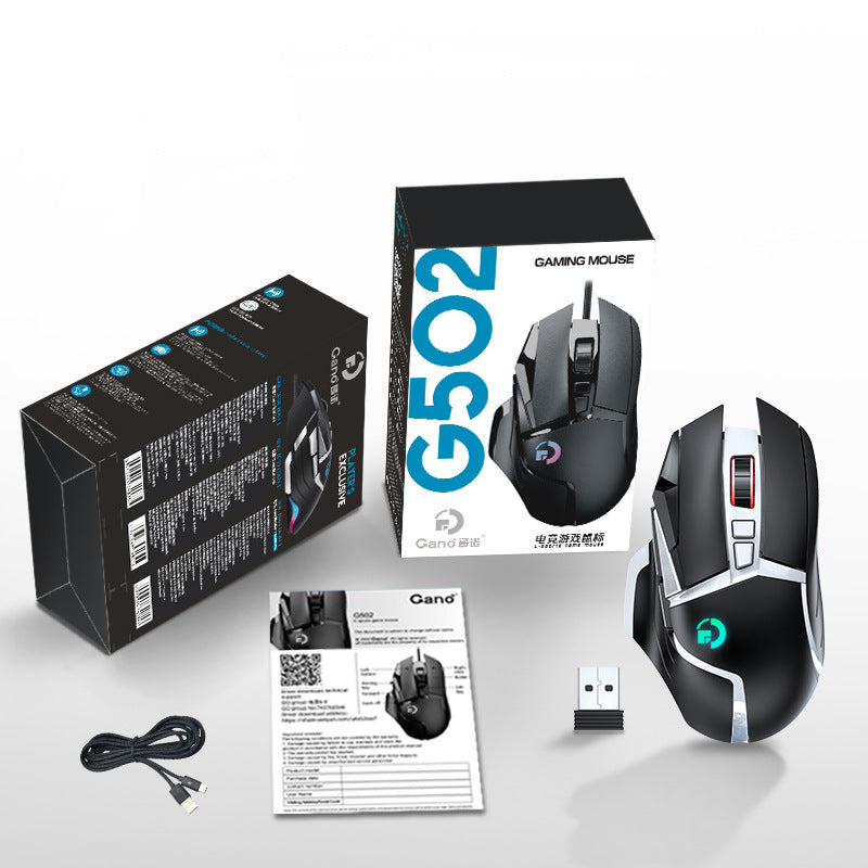 American Smart G502 wireless mouse with RGB lighting, dual-mode 2.4G, designed for office and gaming use on laptops and computers.