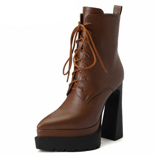 Autumn Winter Women Ankle Boots Elegant Office Ladies Party High Heels Pointed Toe Platforms Genuine Leather Shoes - American Smart