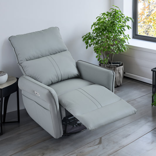 Blue gray adult electric swivel rocking chair by American Smart, features 270° rotation and comfortable lounge design.