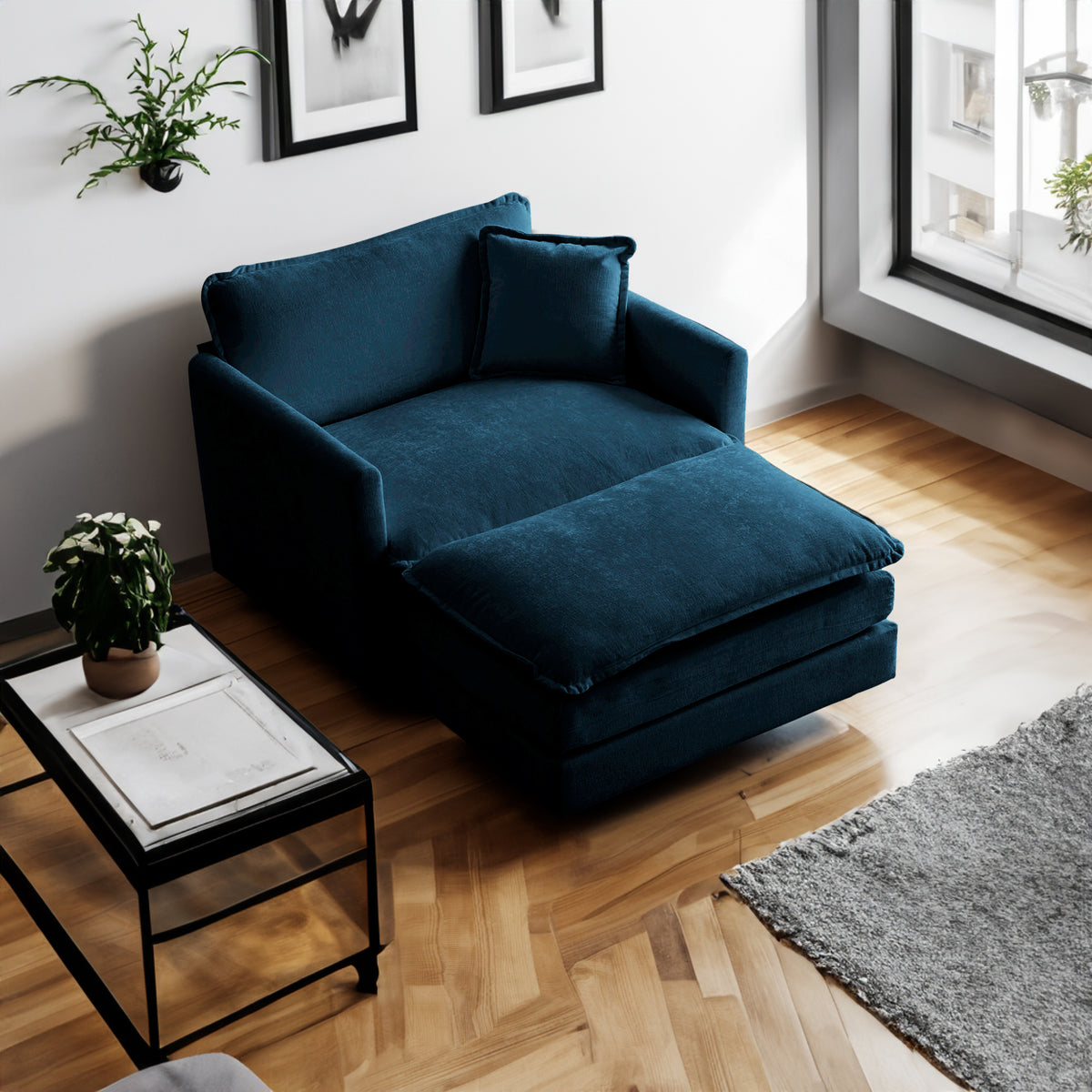 Modern blue Ottoman-style American Smart EP chenille living room armchair with cushioned seat and armrests, ideal for reading or relaxing.