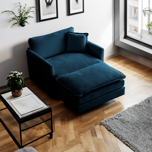 Modern blue Ottoman-style American Smart EP chenille living room armchair with cushioned seat and armrests, ideal for reading or relaxing.