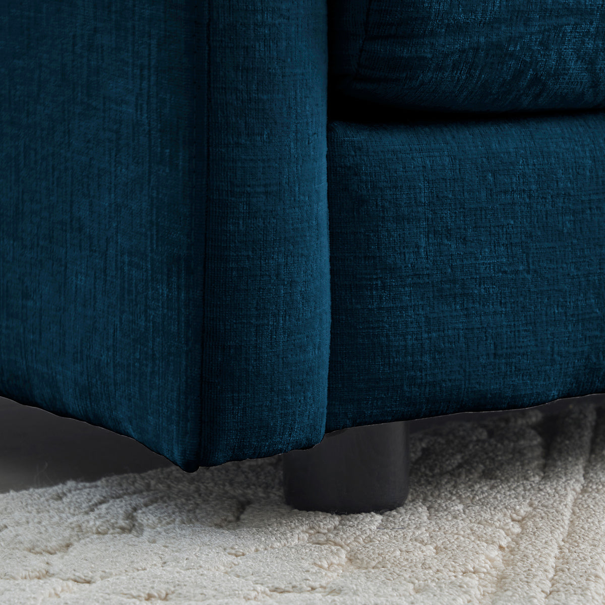 Blue modern Ottoman-style chair by American Smart EP, cushioned chenille living room and bedroom reading club chair.