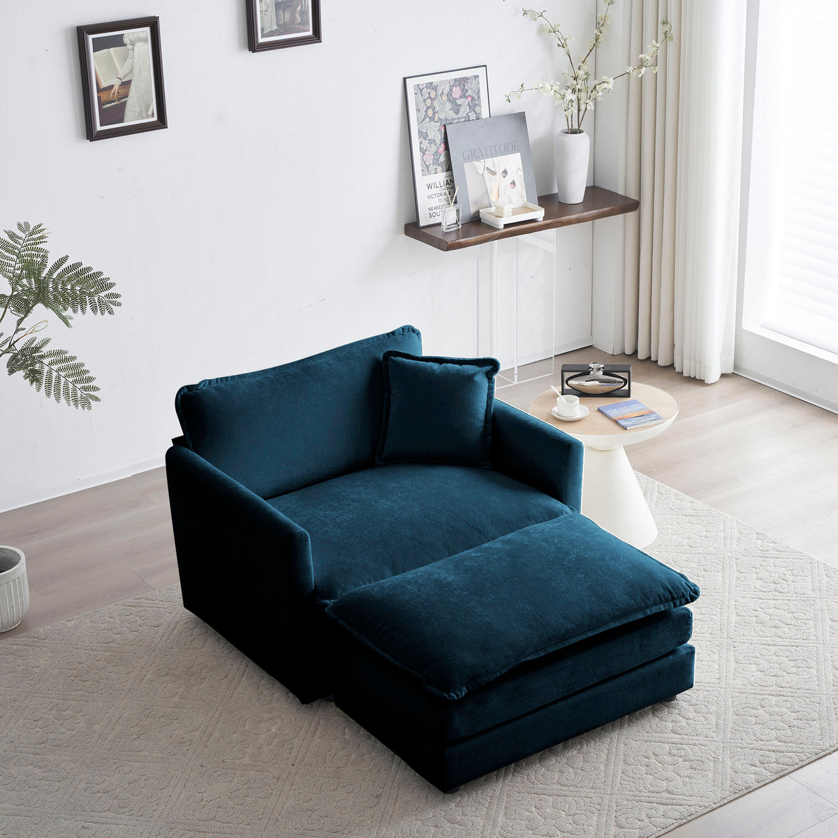 Modern blue ottoman-style armchair by American Smart, chenille cushioned living room club chair with armrests and cozy design.