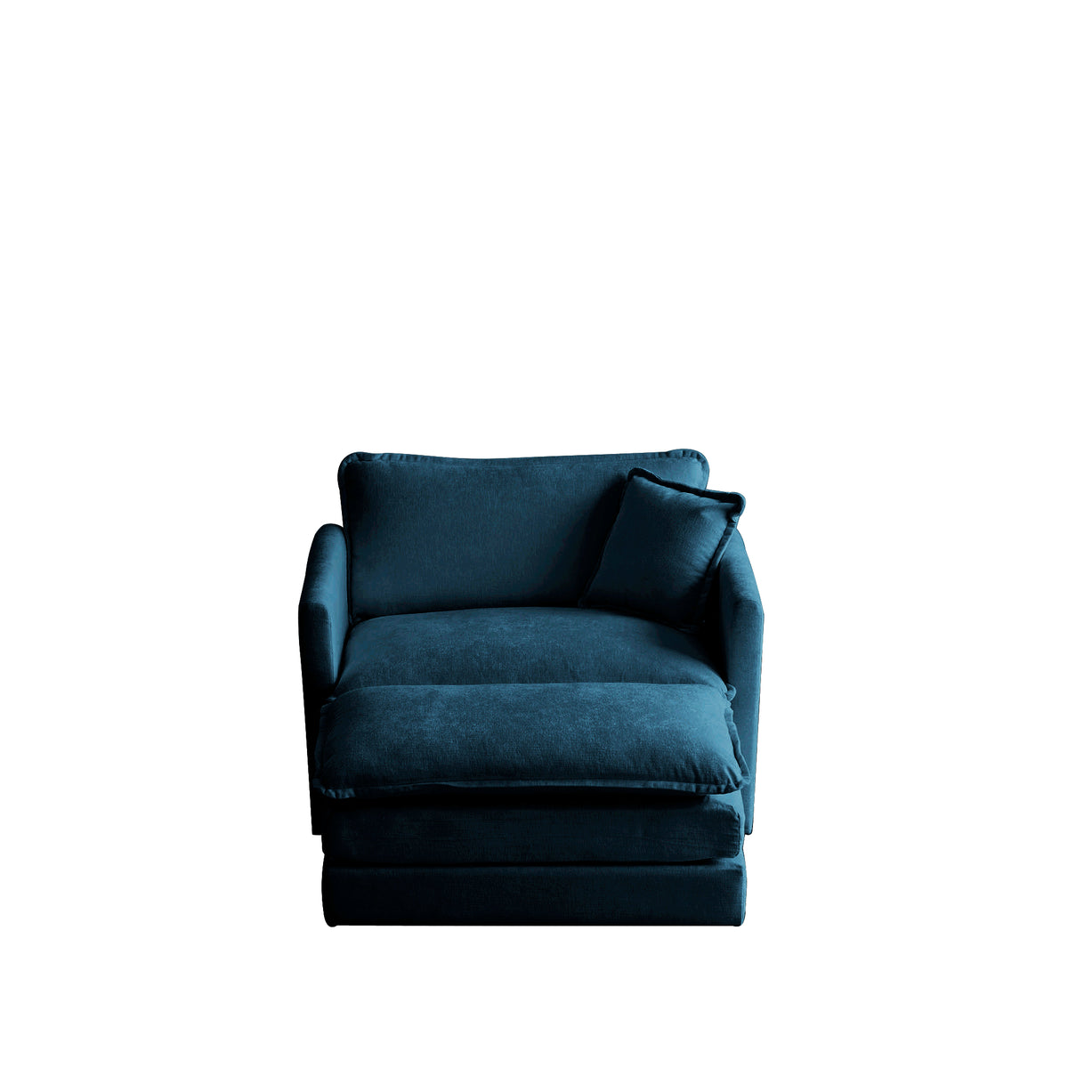 Modern blue Ottoman-style chair by American Smart EP, chenille cushioned armchair ideal for living room or bedroom reading space.