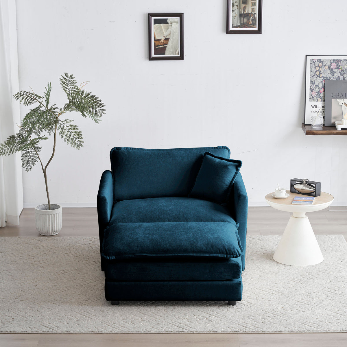 Blue modern Ottoman-style armchair by American Smart - EP with chenille cushion, perfect for living room or bedroom reading space.