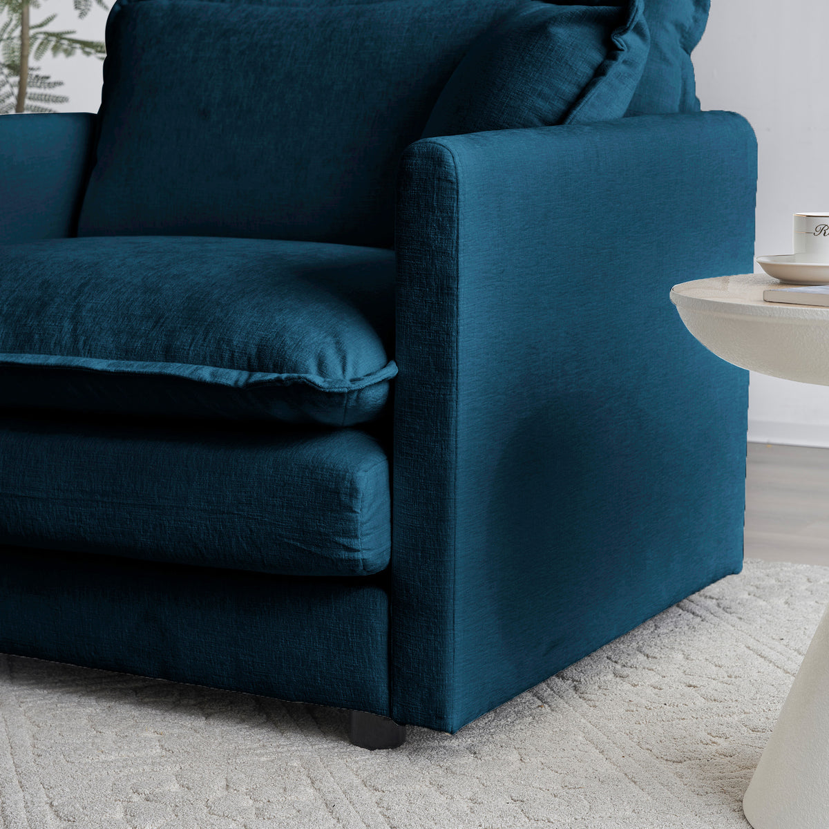 Modern blue chenille ottoman-style chair by American Smart EP, cushioned living room or bedroom reading armchair.
