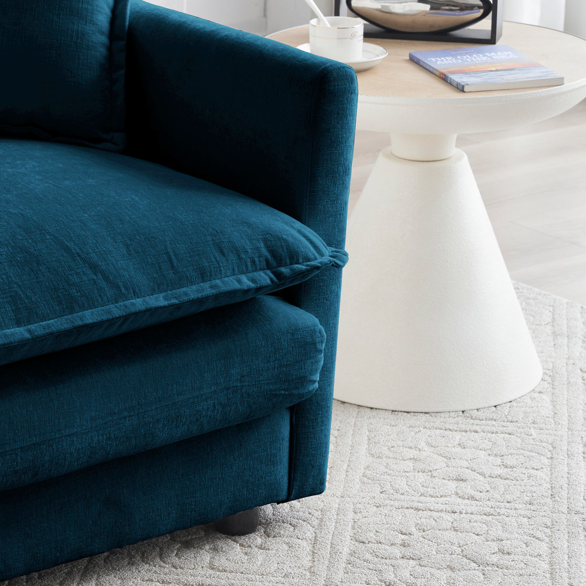 Blue modern Ottoman-style chair by American Smart EP with cushioned chenille armrest, ideal as a living room or bedroom reading chair.