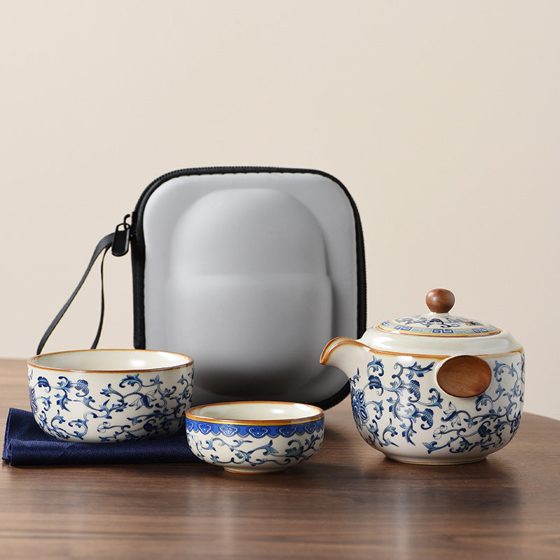 Blue and white beige Ru kiln travel tea set one pot three cups outdoor portable entwined lotus ceramic retro teapot - American Smart