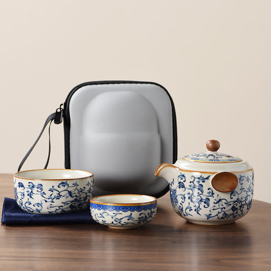 Blue and white beige Ru kiln travel tea set one pot three cups outdoor portable entwined lotus ceramic retro teapot - American Smart