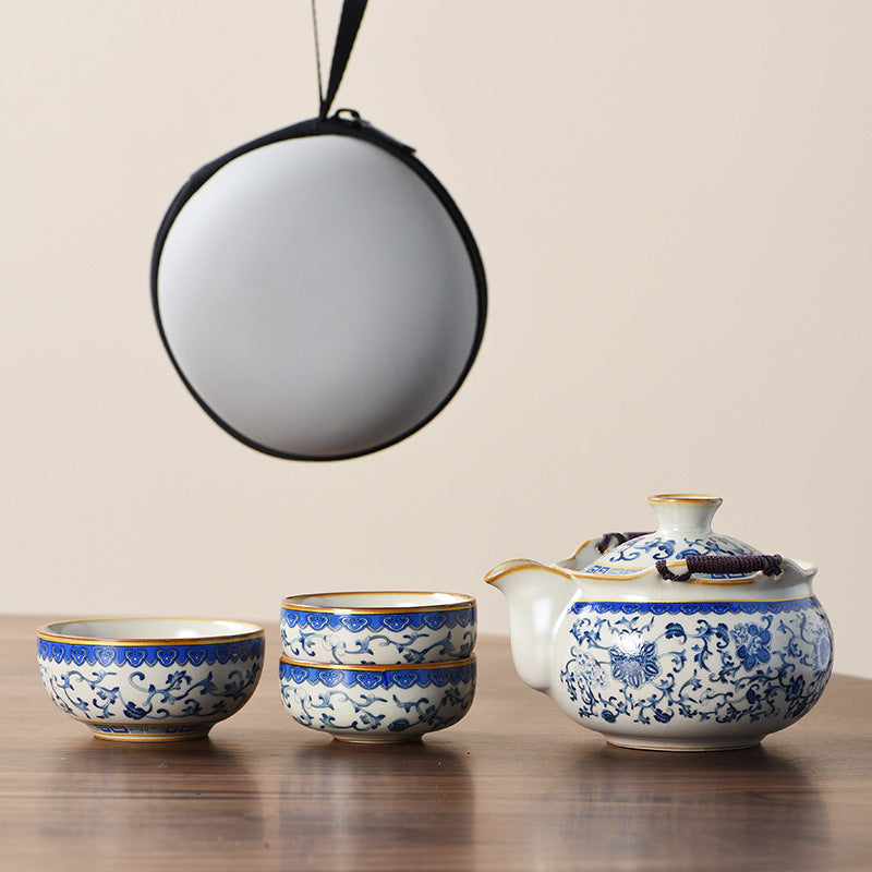 Blue and white beige Ru kiln travel tea set one pot three cups outdoor portable entwined lotus ceramic retro teapot - American Smart