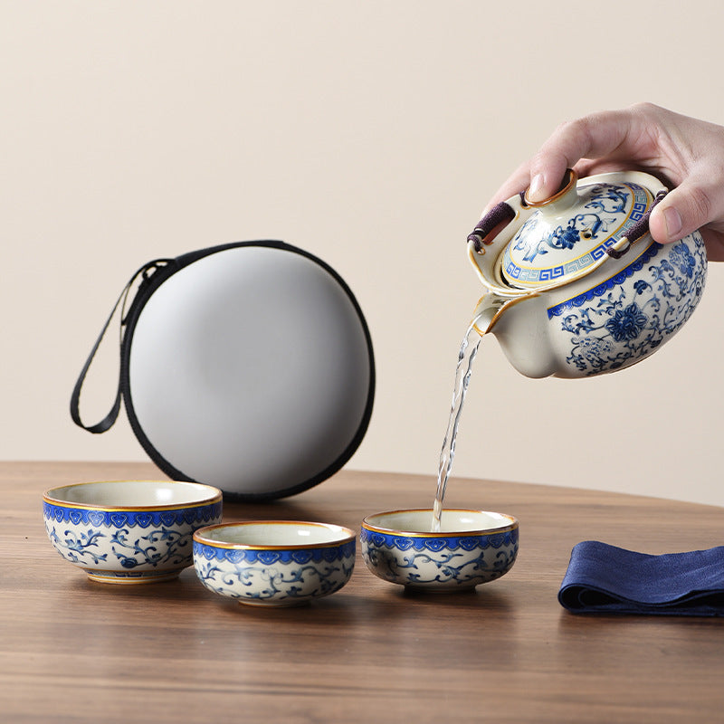 Blue and white beige Ru kiln travel tea set one pot three cups outdoor portable entwined lotus ceramic retro teapot - American Smart