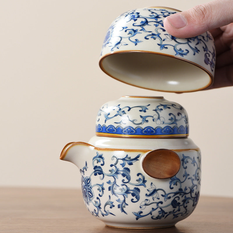 Blue and white beige Ru kiln travel tea set one pot three cups outdoor portable entwined lotus ceramic retro teapot - American Smart