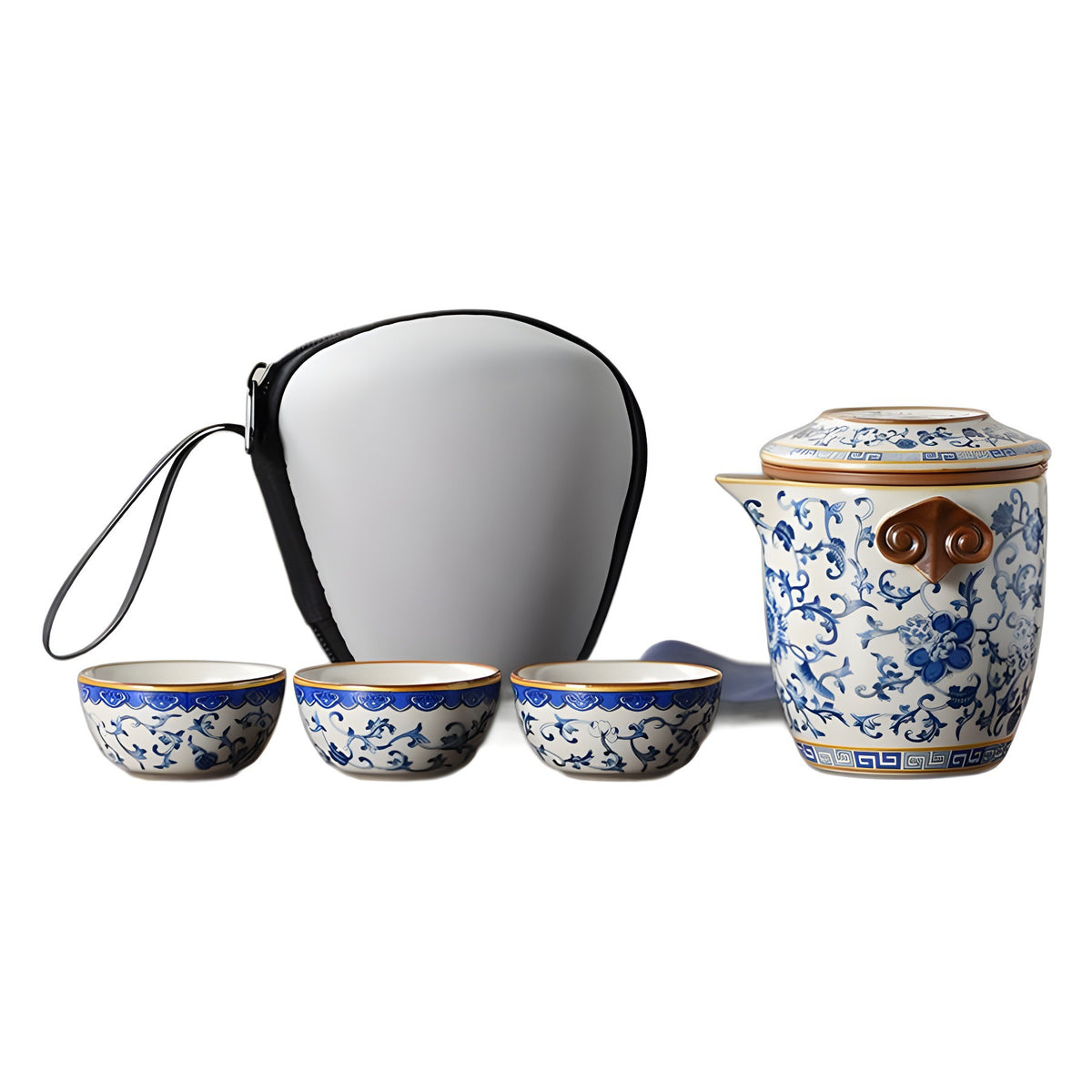 Blue and white beige Ru kiln travel tea set one pot three cups outdoor portable entwined lotus ceramic retro teapot - American Smart