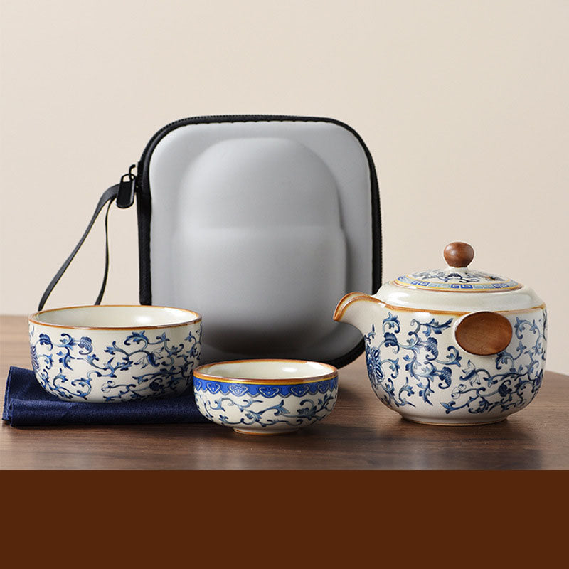 Blue and white beige Ru kiln travel tea set one pot three cups outdoor portable entwined lotus ceramic retro teapot - American Smart