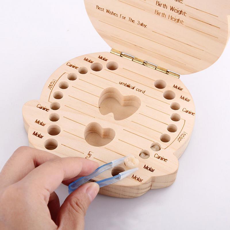 Wooden baby teeth and hair storage box by American Smart, featuring a cute girl and boy design for baby growth souvenirs.