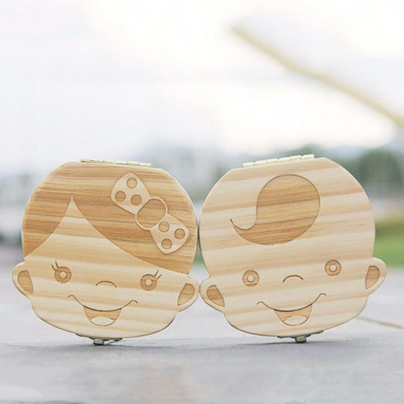 Wooden baby teeth box by American Smart for girl or boy, with space for baby teeth, hair, and growth keepsakes.