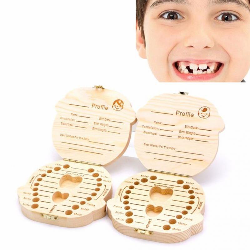 Wooden baby teeth storage box by American Smart for girl or boy, with space for baby teeth, hair, and growth records.