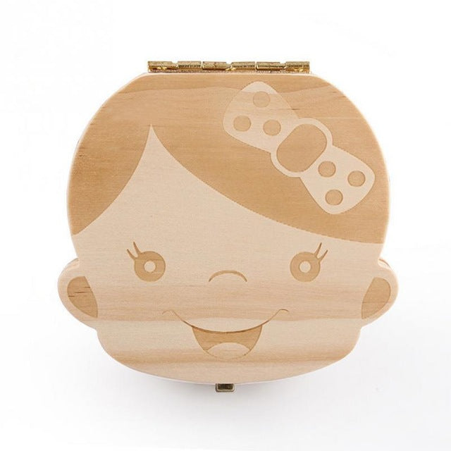 Wooden baby teeth and fetal hair keepsake box by American Smart, featuring a cute girl and boy image for baby growth souvenirs.