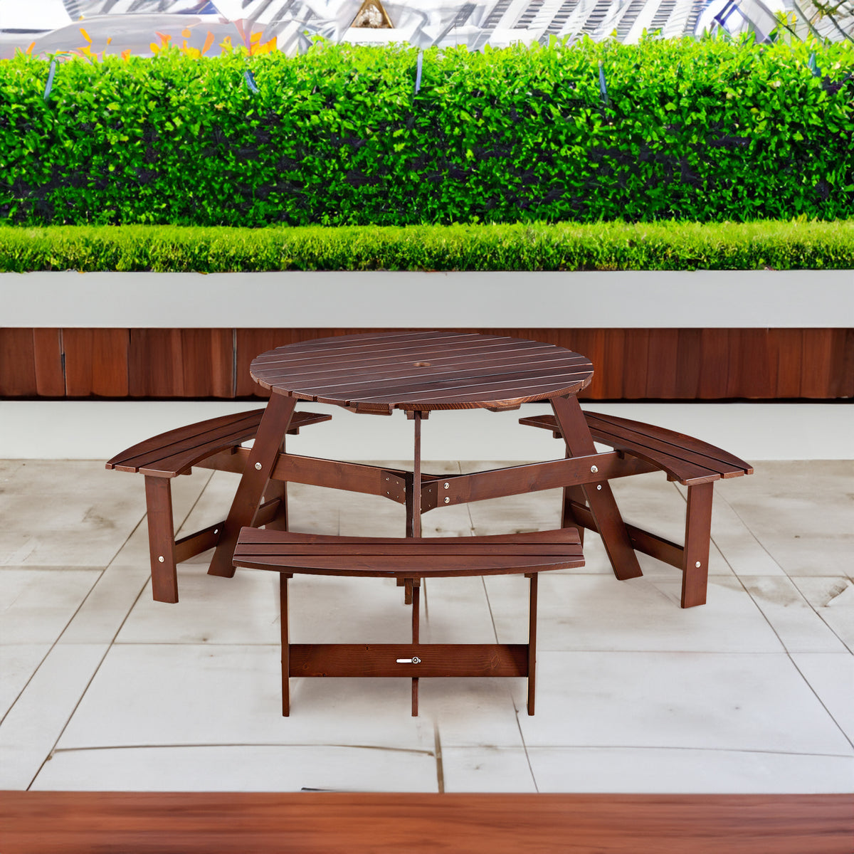Brown 6-person circular picnic table with built-in benches, umbrella holes, outdoor table and chairs set by American Smart EP