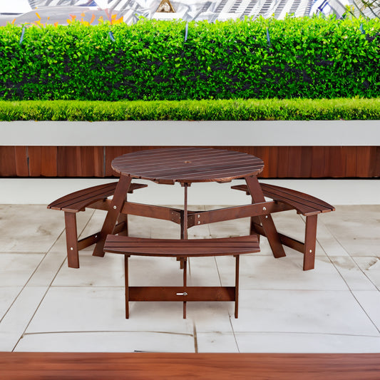 Brown 6-person circular picnic table with built-in benches, umbrella holes, outdoor table and chairs set by American Smart EP