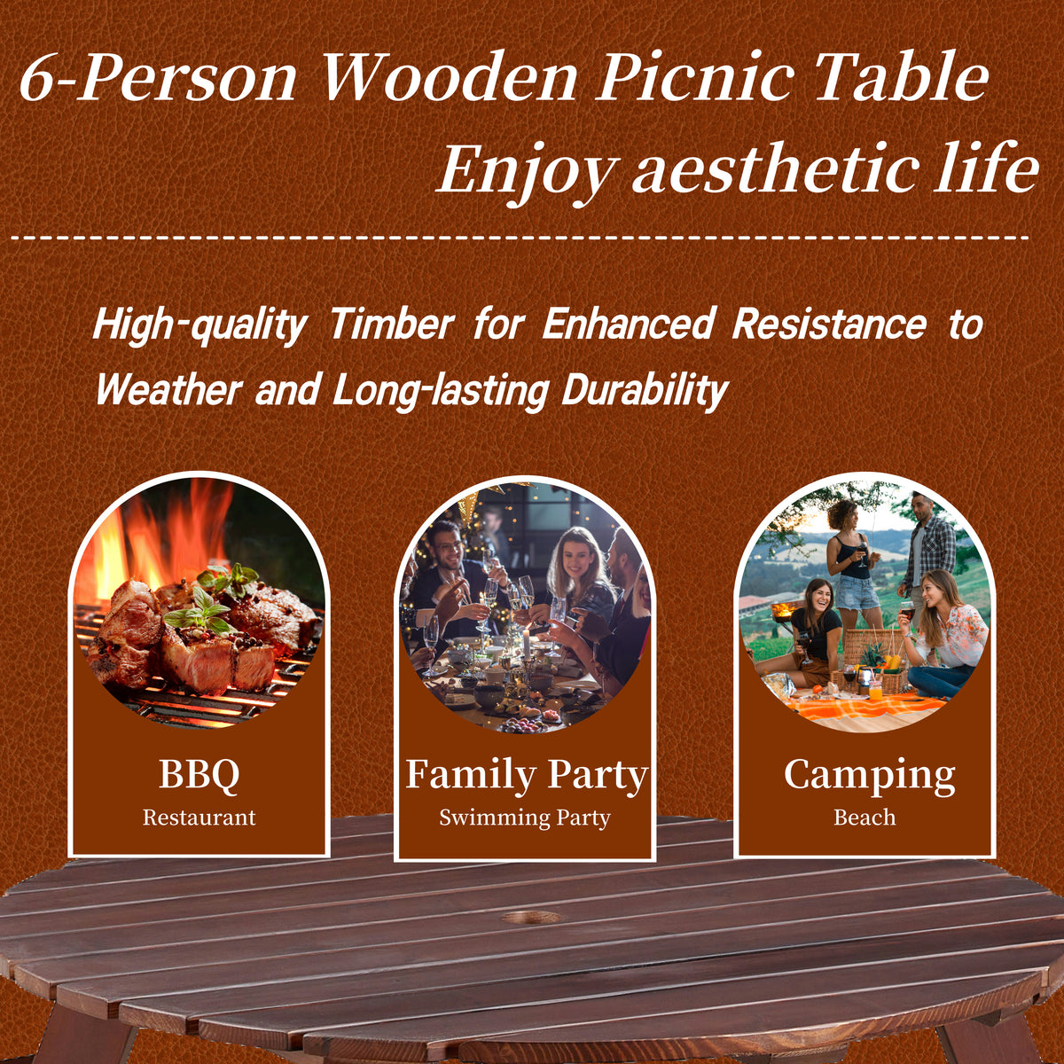 Brown 6-person circular picnic table with built-in benches and umbrella holes, outdoor table set by American Smart - EP