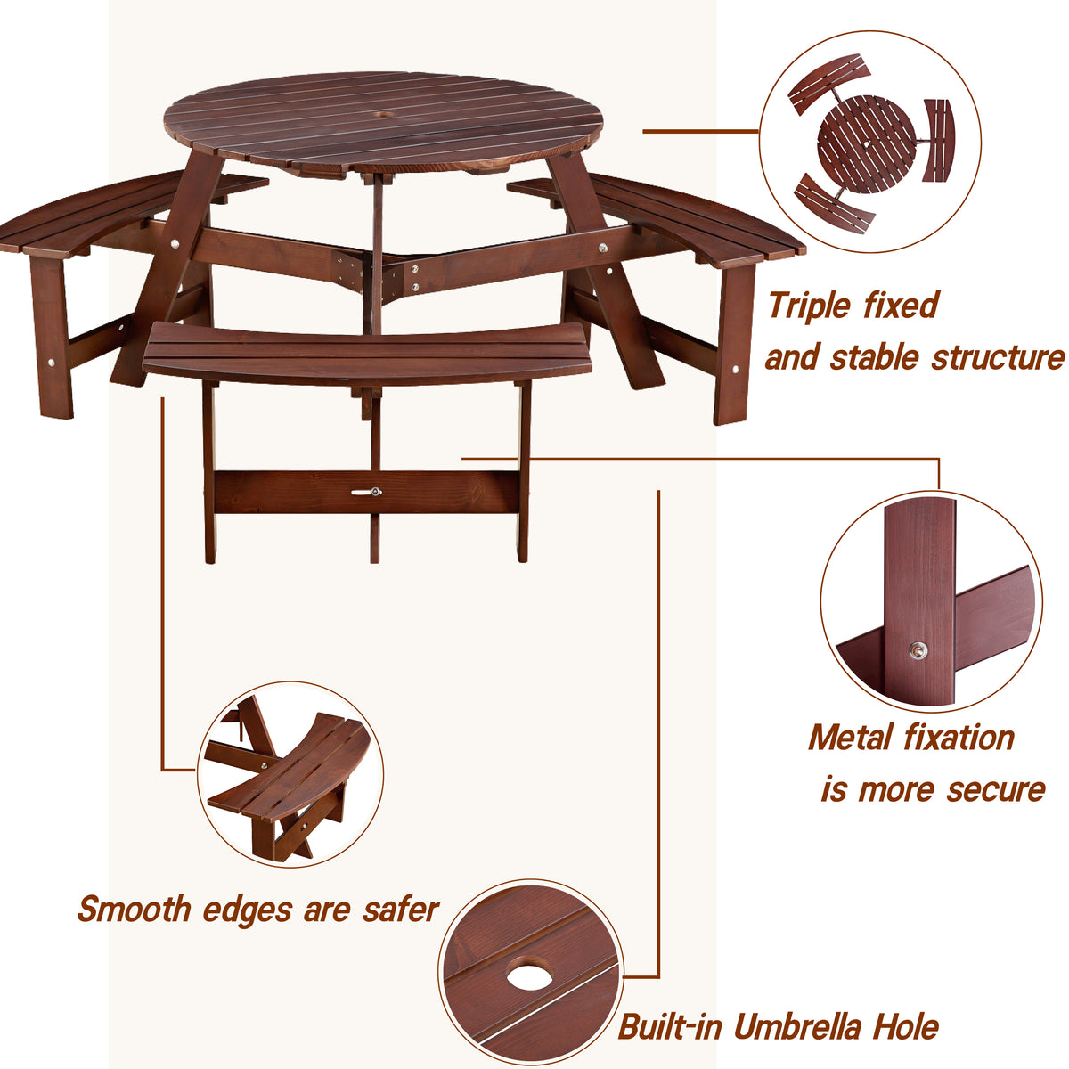 Brown 6-person circular picnic table with built-in benches, umbrella holes, outdoor table and chairs set by American Smart - EP.