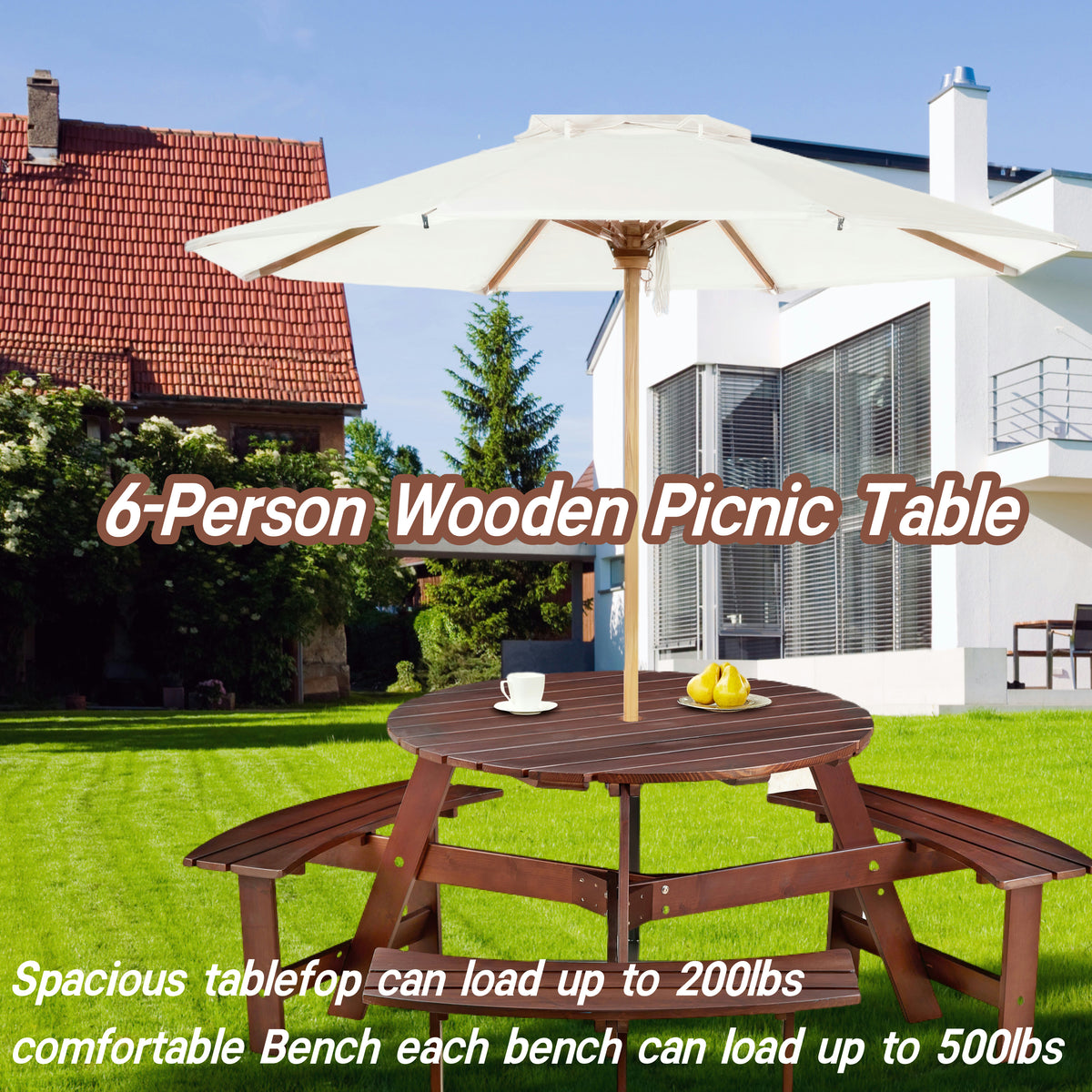 Six-person round wooden picnic table with three built-in benches, umbrella holes, outdoor brown table set by American Smart EP.