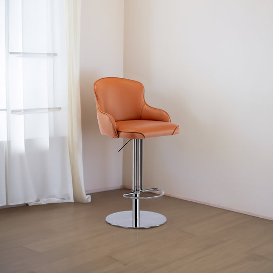 Brown modern leather bar chair with black titanium stainless steel backrest and adjustable height, designed by American Smart - EP.