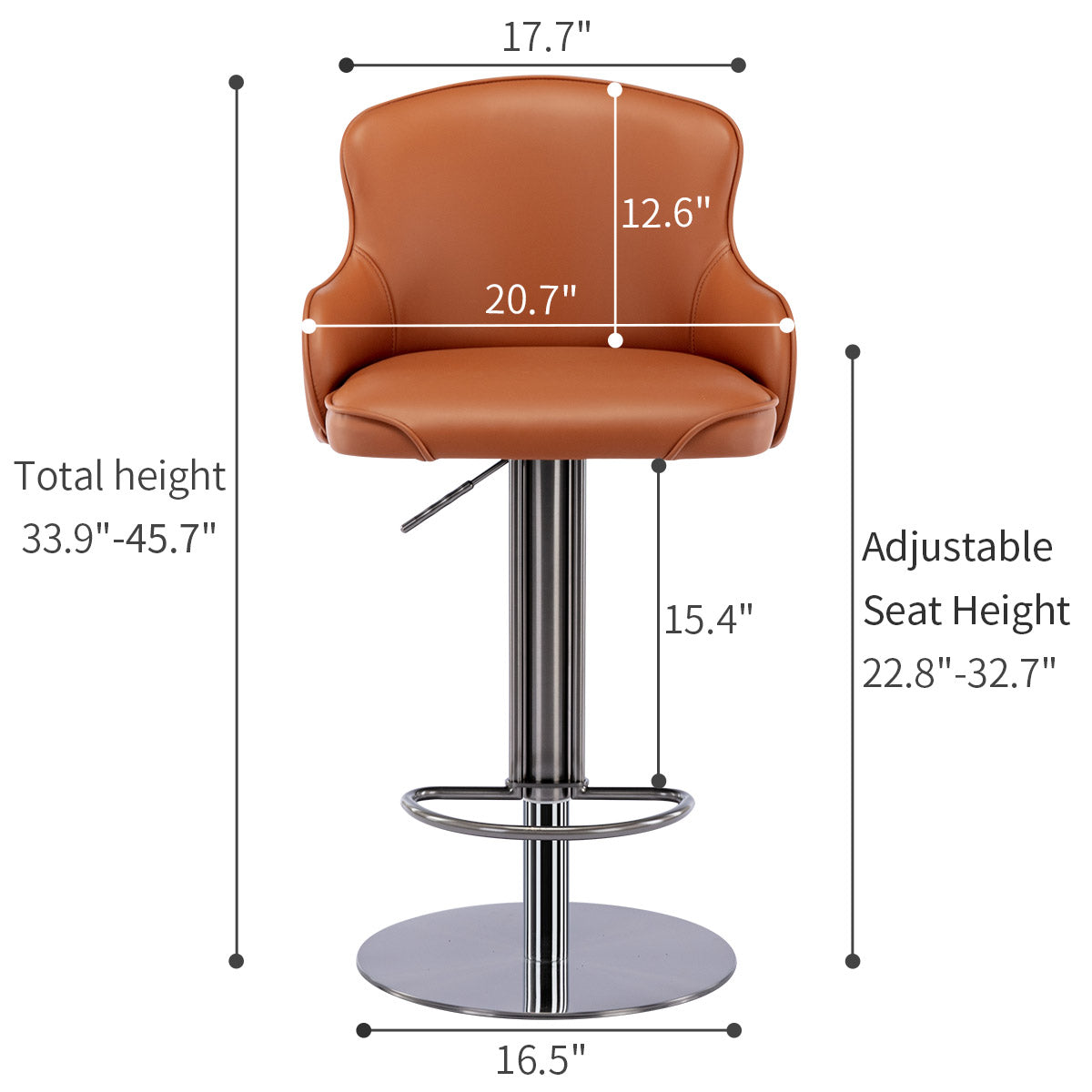 Brown modern leather bar chair with black titanium stainless steel backrest and adjustable height by rotation.