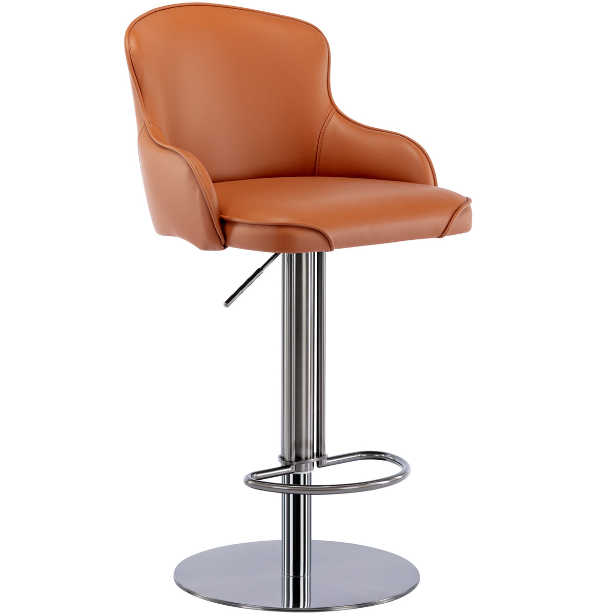 Modern brown leather bar chair with black titanium stainless steel backrest and adjustable height, designed by American Smart - EP.