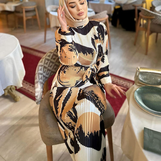 Women's Arabic print pleated dress featuring a long skirt, stylish Middle Eastern-inspired fashion by American Smart - EP