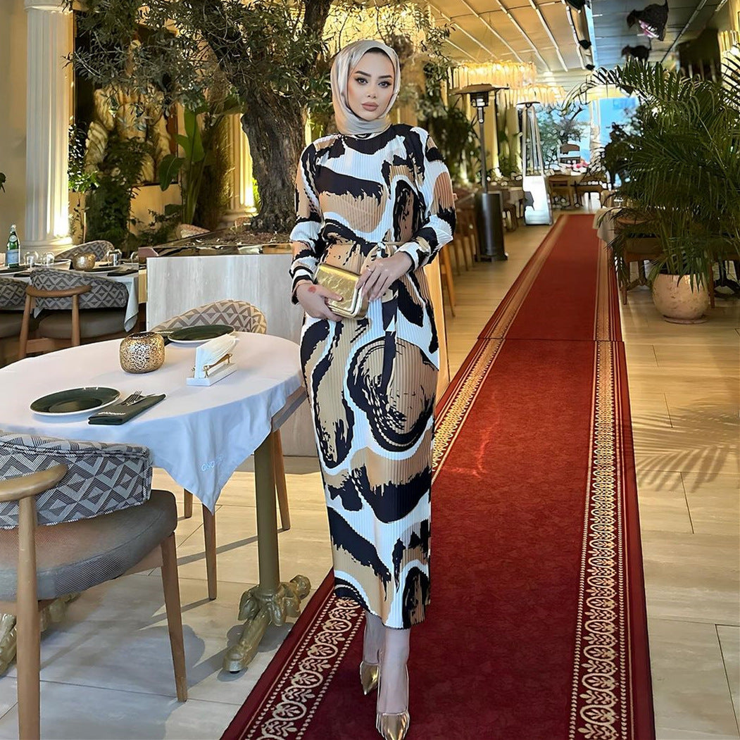 Women's Arabic print pleated dress with long skirt, fashionable Middle Eastern-inspired clothing by American Smart - EP