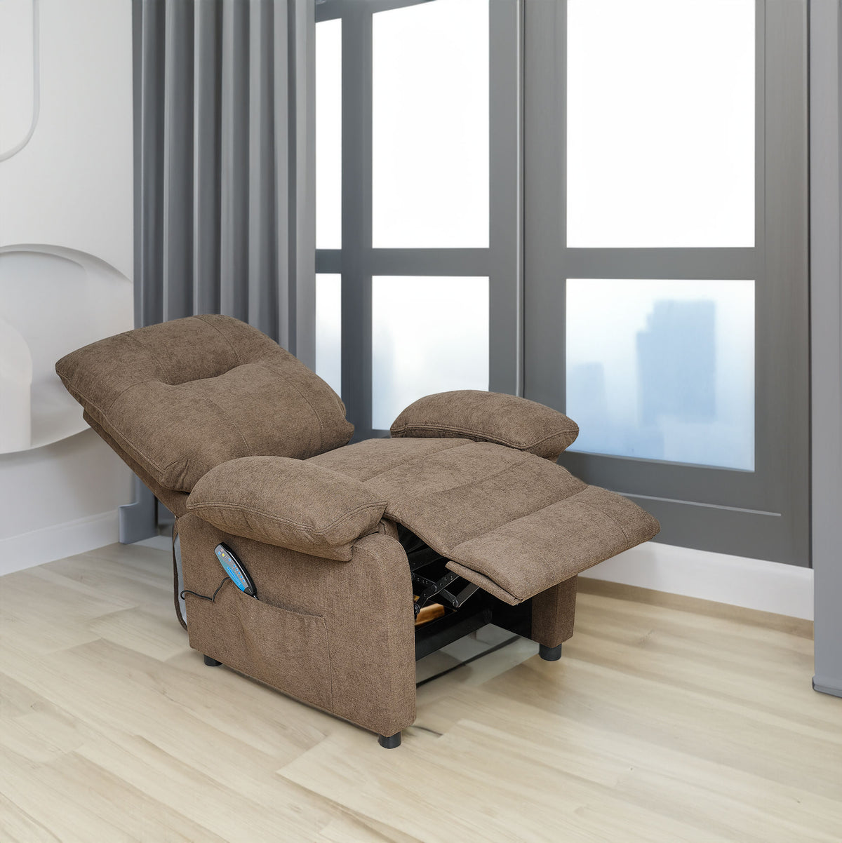 American Smart EP recliner chair with built-in massage and heater, featuring manual controls for adult comfort.