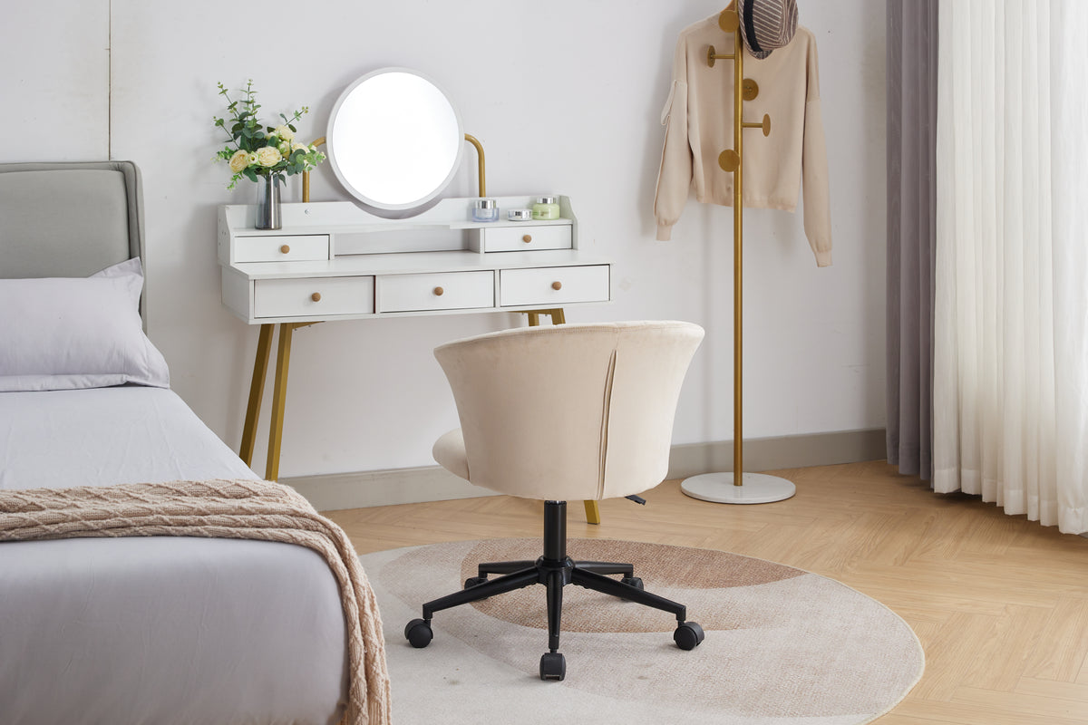 Velvet home office chair with swivel flower-shaped design, suitable for desk work in home or bedroom settings.